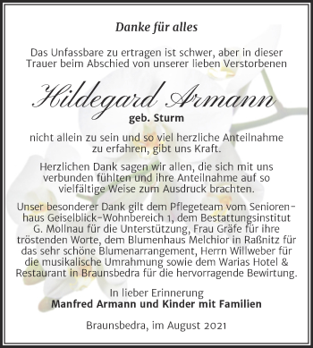 Traueranzeige von Hildegard Armann von Trauerkombi Merseburg