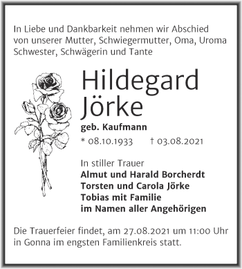 Traueranzeige von Hildegard Jörke von Trauerkombi Sangerhausen