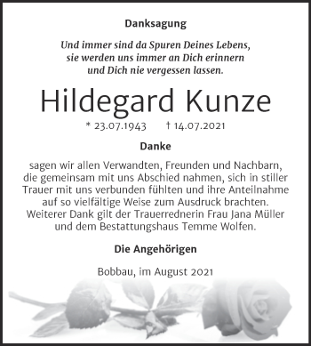 Traueranzeige von Hildegard Kunze von Trauerkombi Bitterfeld