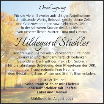 Traueranzeige von Hildegard Stiehler von Trauerkombi Bitterfeld