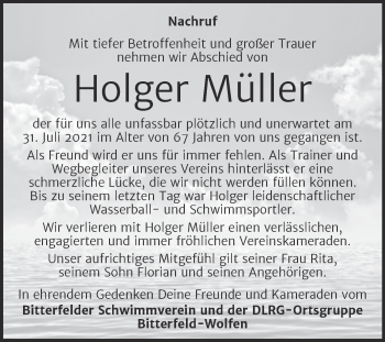 Traueranzeige von Holger Müller von Trauerkombi Bitterfeld
