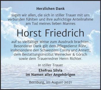 Traueranzeige von Horst Friedrich von Trauerkombi Bernburg