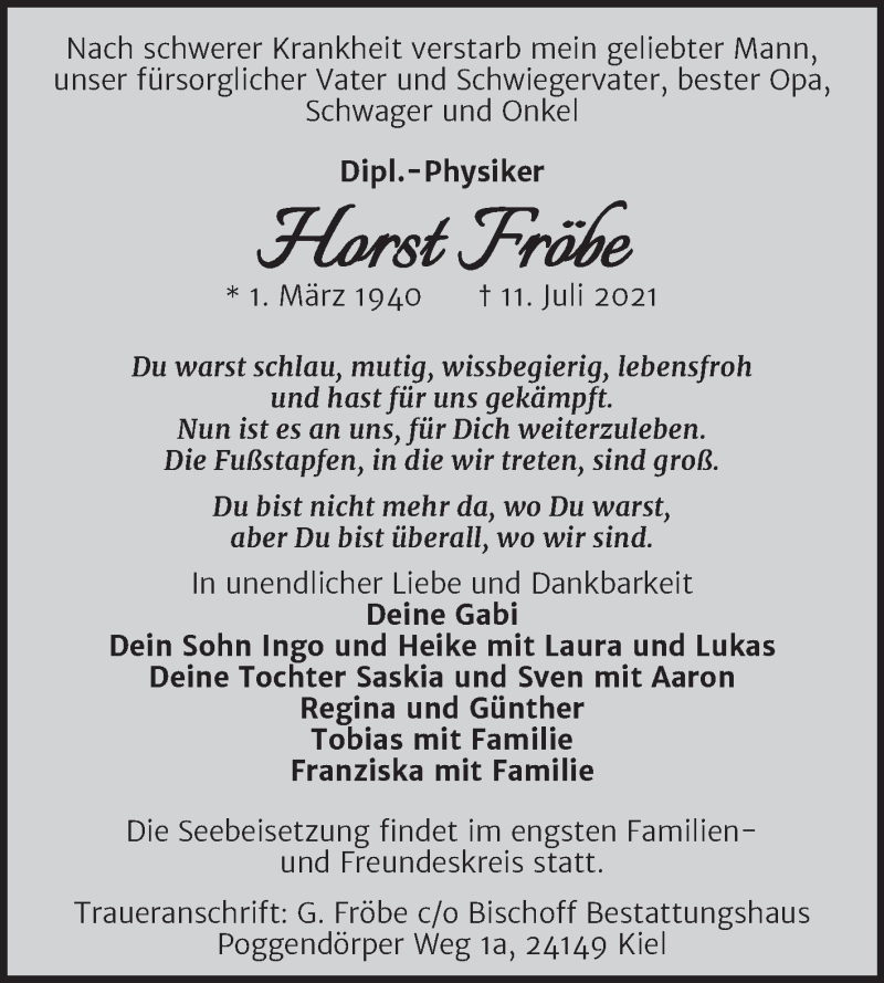 traueranzeigen von horst frobe www abschied nehmen de
