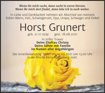 Traueranzeige von Horst Grunert von Trauerkombi Wittenberg