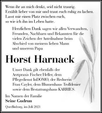 Traueranzeige von Horst Harnack von Trauerkombi Quedlinburg