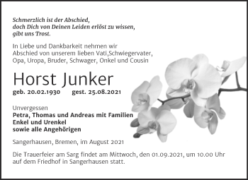 Traueranzeige von Horst Junker von Mitteldeutsche Zeitung Sangerhausen