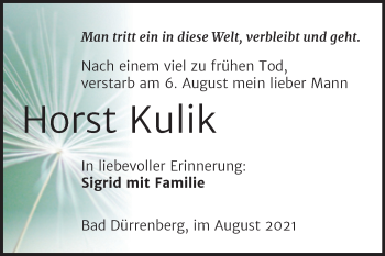 Traueranzeige von Horst Kulik von Trauerkombi Merseburg