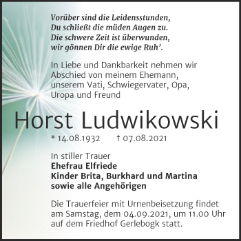 Traueranzeige von Horst Ludwikowski von Trauerkombi Bernburg