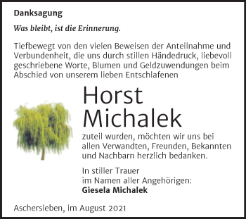 Traueranzeige von Horst Michalek von Trauerkombi Aschersleben