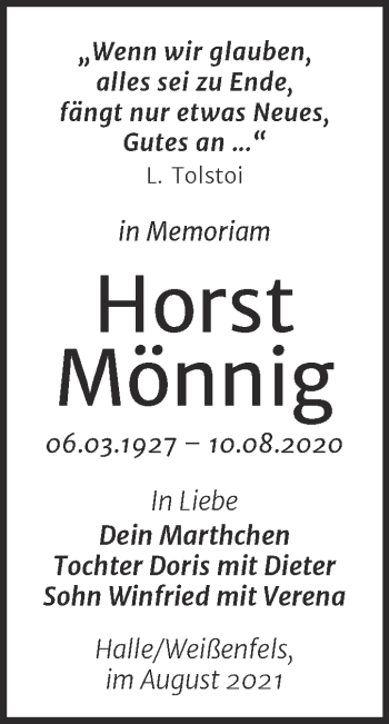 Traueranzeige von Horst Mönnig von Mitteldeutsche Zeitung Halle/Saalkreis