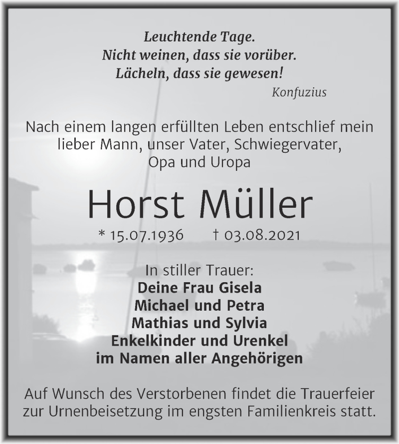  Traueranzeige für Horst Müller vom 18.08.2021 aus Trauerkombi Weißenfels