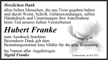 Traueranzeige von Hubert Franke von Trauerkombi Aschersleben