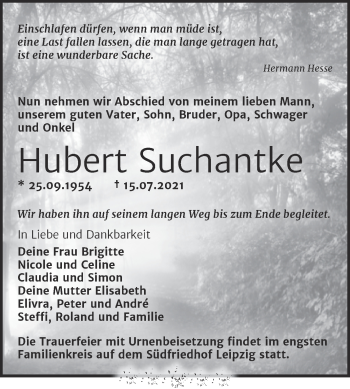 Traueranzeige von Hubert Suchantke von Wochenspiegel Mansfelder Land