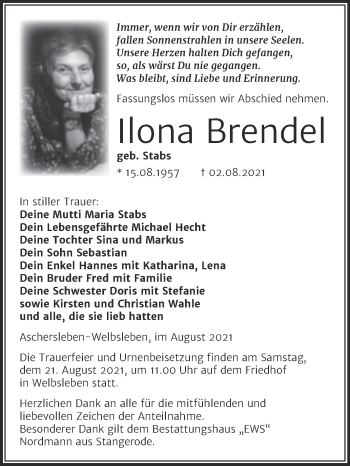Traueranzeige von Ilona Brendel von Trauerkombi Köthen