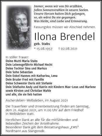 Traueranzeige von Ilona Brendel von Trauerkombi Aschersleben