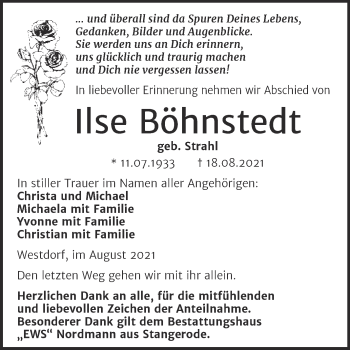 Traueranzeige von Ilse Böhnstedt von Trauerkombi Aschersleben