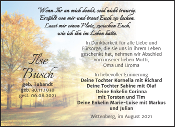 Traueranzeige von Ilse Busch von Trauerkombi Wittenberg