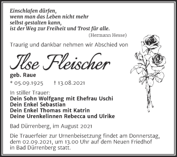 Traueranzeige von Ilse Fleischer von Trauerkombi Merseburg