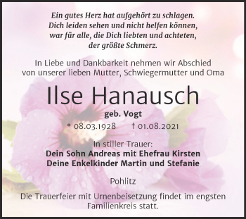 Traueranzeige von Ilse Hanausch von Wochenspiegel Naumburg/Nebra