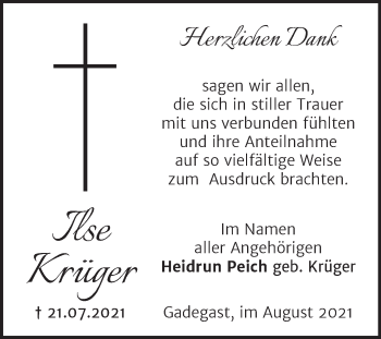Traueranzeige von Ilse Krüger von Trauerkombi Wittenberg