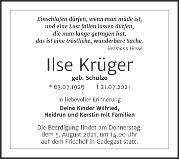 Traueranzeige von Ilse Krüger von Trauerkombi Wittenberg
