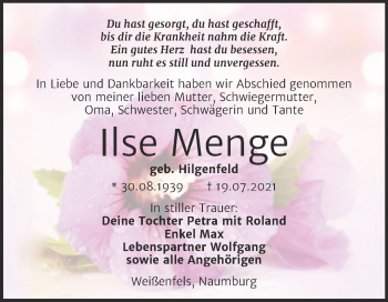 Traueranzeige von Ilse Menge von Wochenspiegel Naumburg/Nebra