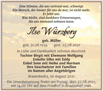 Traueranzeige von Ilse Würzberg von Trauerkombi Merseburg