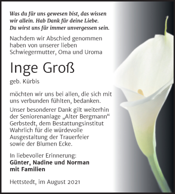 Traueranzeige von Inge Groß von Trauerkombi Mansfelder Land
