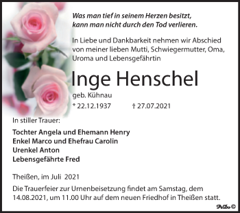 Traueranzeige von Inge Henschel von Trauerkombi Zeitz