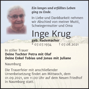 Traueranzeige von Inge Krug von Wochenspiegel Naumburg/Nebra