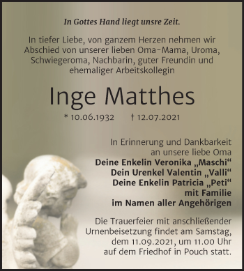 Traueranzeige von Inge Matthes von Trauerkombi Bitterfeld