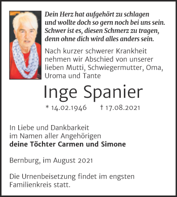 Traueranzeige von Inge Spanier von Trauerkombi Bernburg