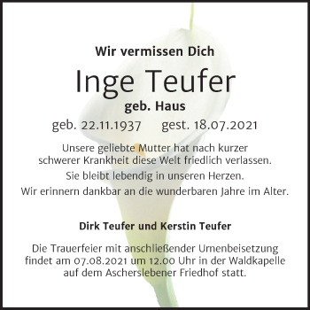 Traueranzeige von Inge Teufer von Trauerkombi Aschersleben
