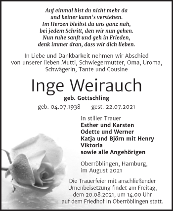 Traueranzeige von Inge Weirauch von Trauerkombi Sangerhausen