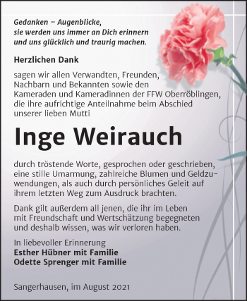 Traueranzeige von Inge Weirauch von Trauerkombi Sangerhausen
