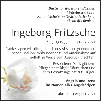 Traueranzeige von Ingeborg Fritzsche von Trauerkombi Wittenberg