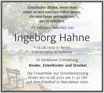 Traueranzeige von Ingeborg Hahne von Trauerkombi Mansfelder Land