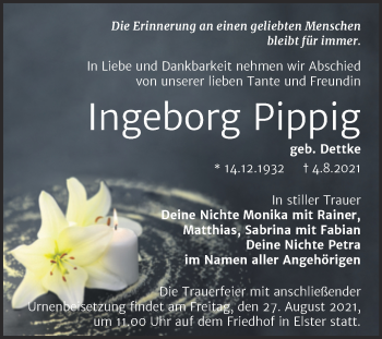 Traueranzeige von Ingeborg Pippig von Trauerkombi Wittenberg