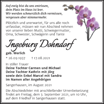 Traueranzeige von Ingeburg Dohndorf von Trauerkombi Sangerhausen
