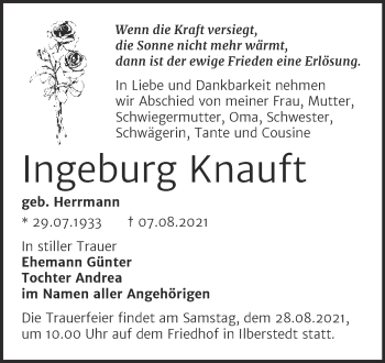 Traueranzeige von Ingeburg Knauft von Trauerkombi Bernburg