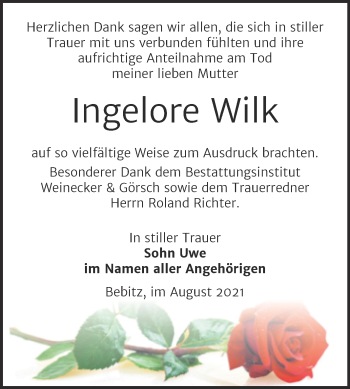 Traueranzeige von Ingelore Wilk von Trauerkombi Bernburg