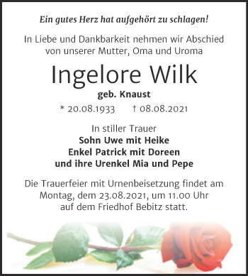 Traueranzeige von Ingelore Wilk von Trauerkombi Bernburg