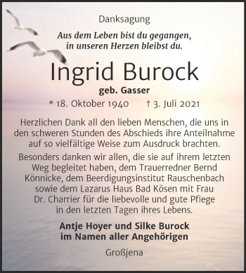 Traueranzeige von Ingrid Burock von Naumburger Tageblatt