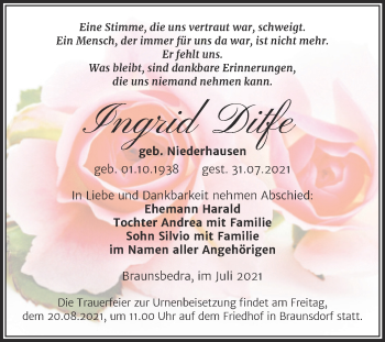 Traueranzeige von Ingrid Ditfe von Trauerkombi Merseburg