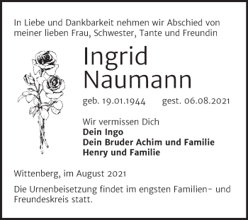 Traueranzeige von Ingrid Naumann von Trauerkombi Wittenberg