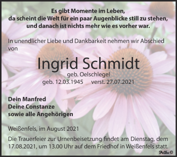 Traueranzeige von Ingrid Schmidt von Trauerkombi Weißenfels