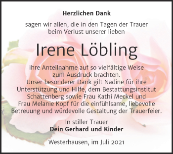 Traueranzeige von Irene Löbling von Trauerkombi Quedlinburg