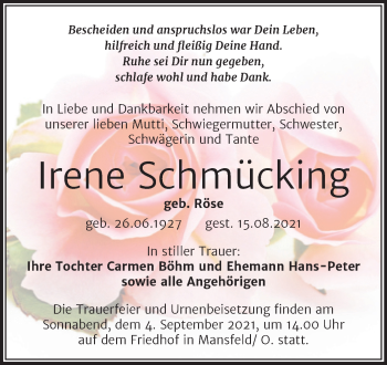 Traueranzeige von Irene Schmücking von Trauerkombi Mansfelder Land