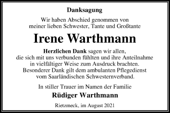 Traueranzeige von Irene Warthmann von Trauerkombi Dessau