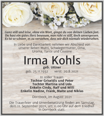 Traueranzeige von Irma Kohls von Trauerkombi Köthen